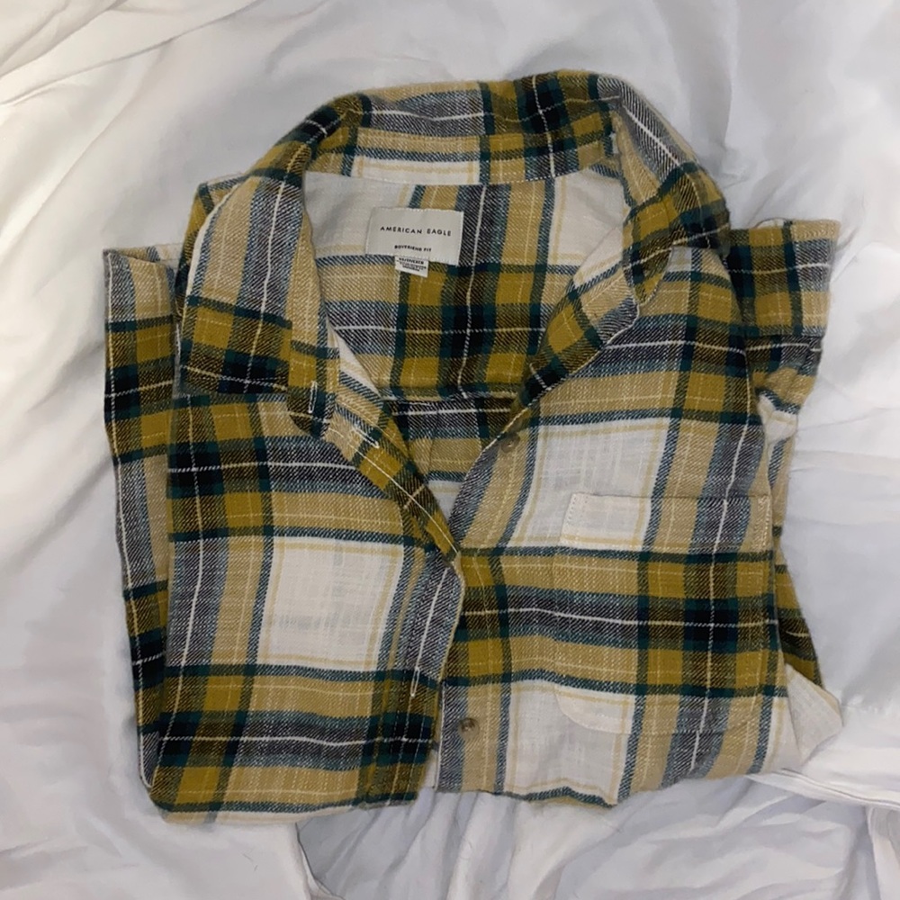 AMERICAN EAGLE Boyfriend Fit XS Yellow/Green Flannel